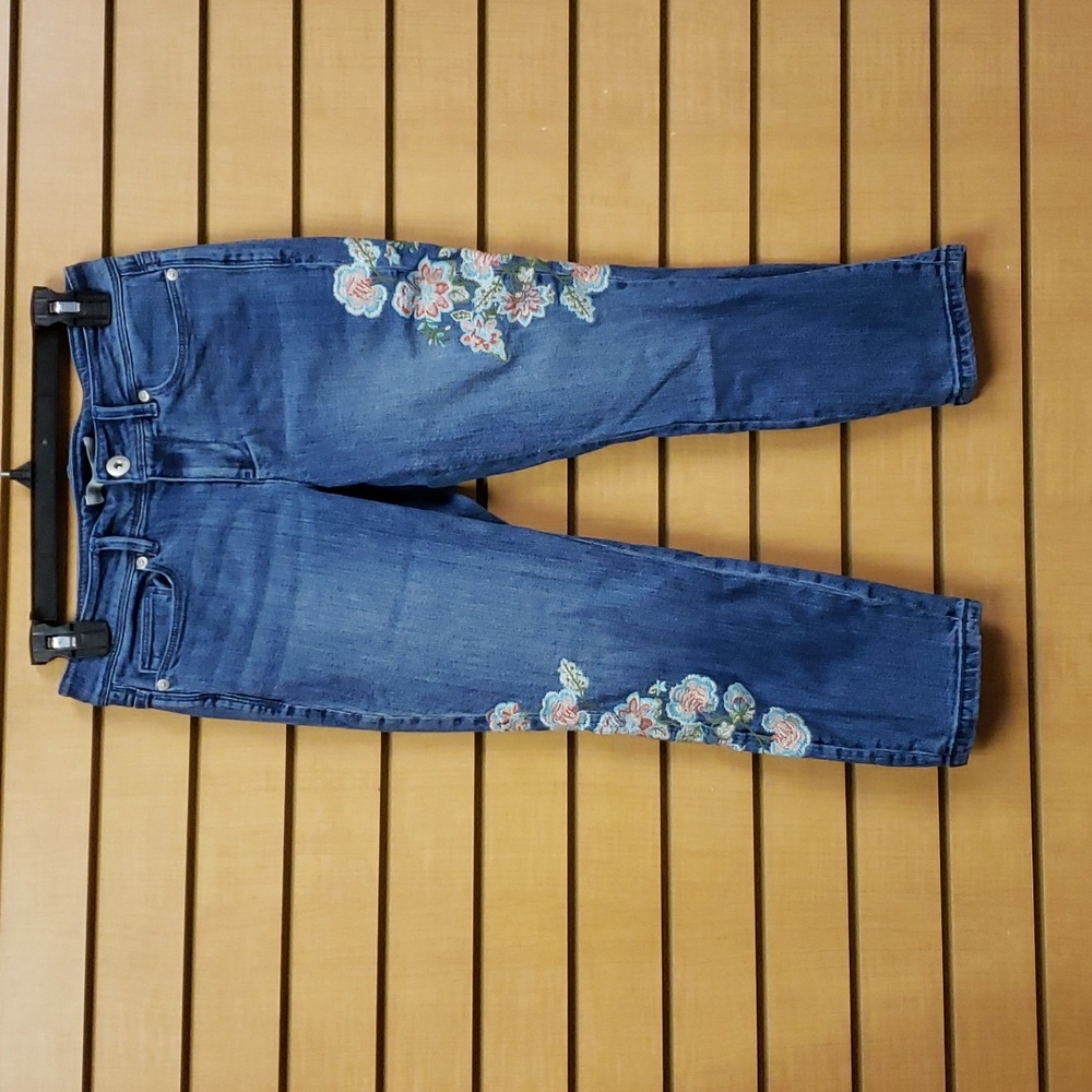 J. Jill Jeans 2P Cropped Embroidered Floral Denim Petite Boho Casual Stretch Blu